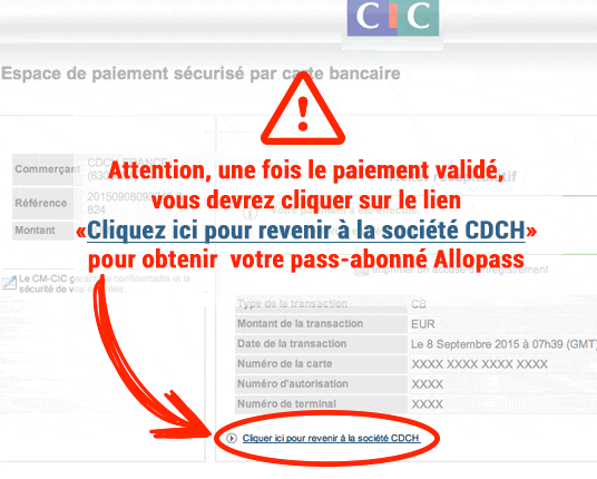 Attention, une fois le paiement validé, vous devrez cliquer sur le lien pour obtenir votre code Allopass